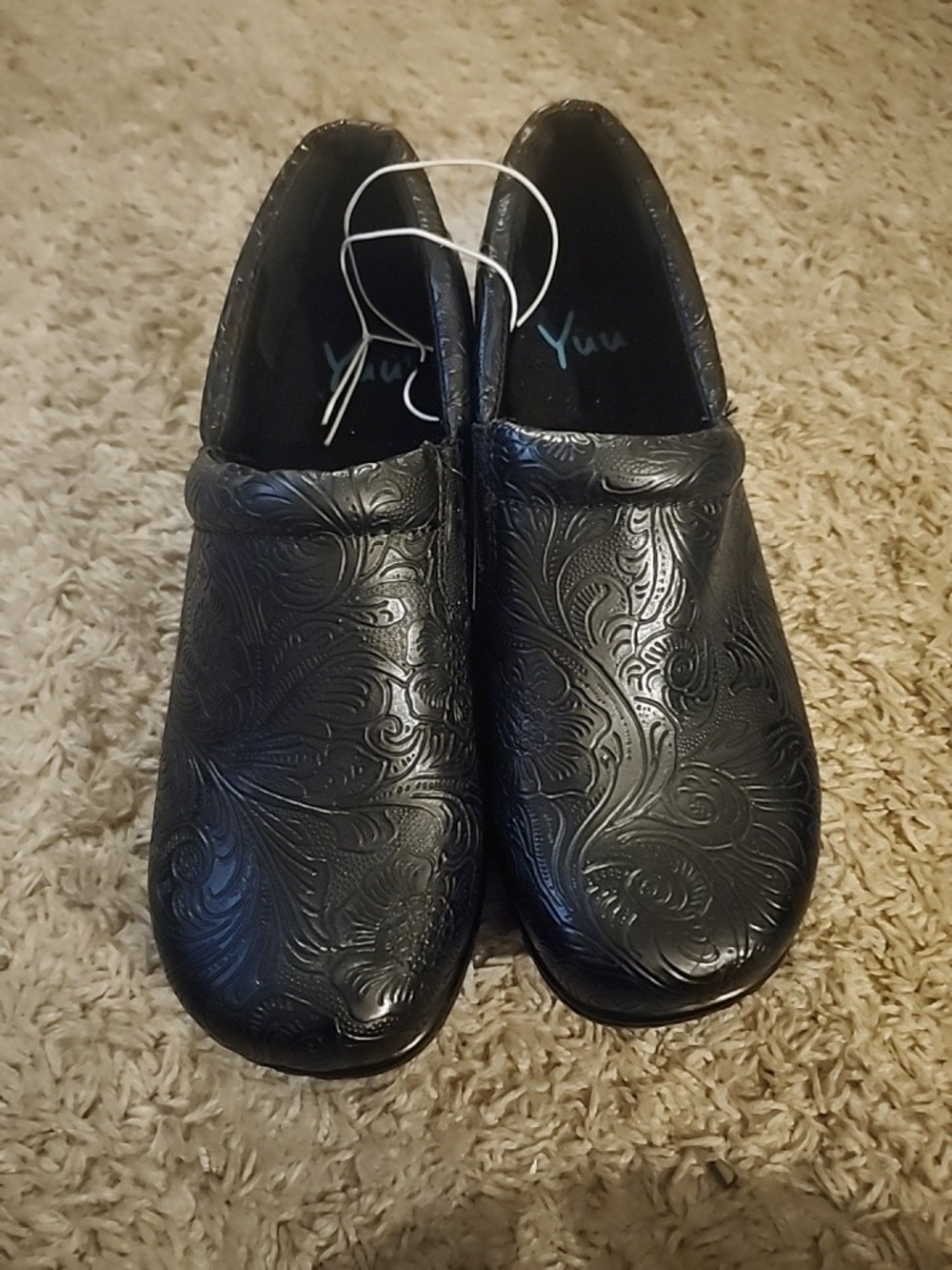Yuu Black Embossed Leather Slip-On Nursing Clogs